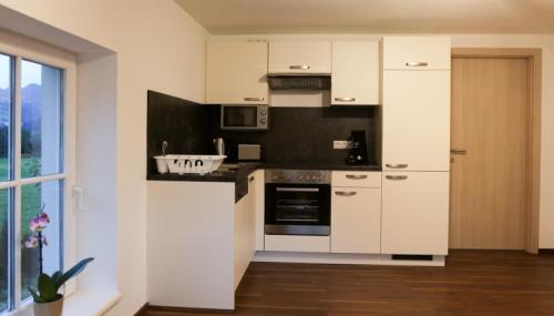 eine Küche mit weißen Schränken und einem Waschbecken in der Unterkunft Ferienwohnung Köchl in Münster