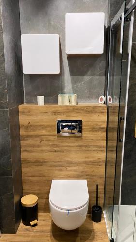 a bathroom with a white toilet and a shower at Apartament Bristol in Mielec