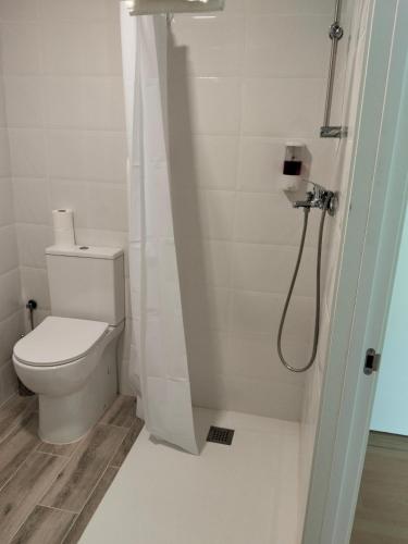 a bathroom with a toilet and a shower at Hostal Camino micológico in Navaleno