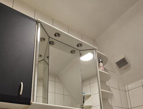 a bathroom with a shower with a large mirror at Wohnung direkt an den Externsteinen in Horn-Bad Meinberg