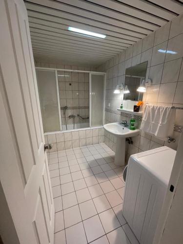 a bathroom with a shower and a sink and a tub at RentHouse Samal in Astana