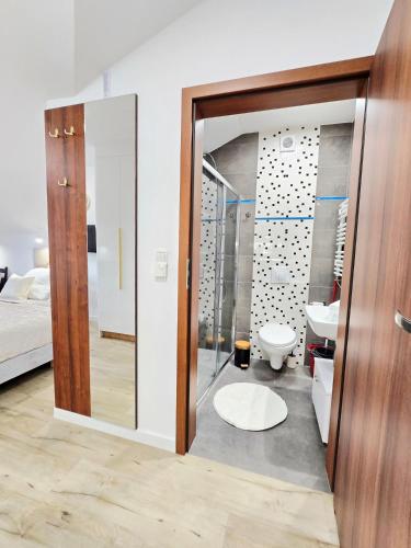 a bathroom with a shower and a toilet and a sink at Holiday Family Raj pod Sosnami centrum miasta! in Szklarska Poręba
