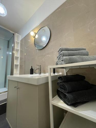 a bathroom with a sink and a mirror and towels at Maison Longue de La Cassine in Vendresse