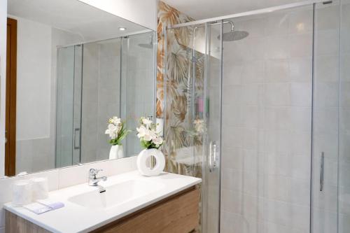 un bagno con lavandino e doccia di Aston Hotel ad Andorra la Vella
