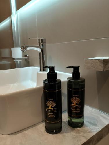 two shampoo bottles sitting on a bathroom counter next to a sink at Rafina Studio apartments kondilia in Rafina