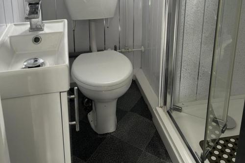 a small bathroom with a toilet and a shower at Cozy Seaside Chalet in Bridlington in Bridlington