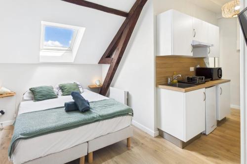une petite chambre avec un lit et une cuisine dans l'établissement Les Troyes Rois, à Troyes