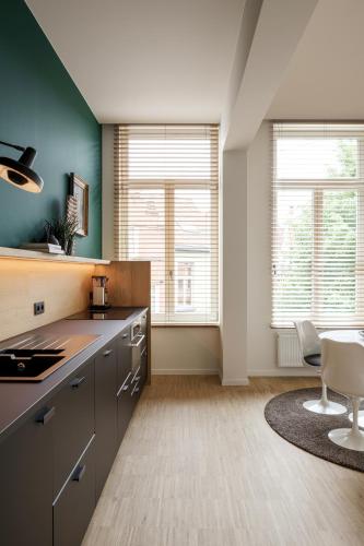 a kitchen with gray cabinets and two windows at Great to stay Gent I rooms & apartments in Ghent