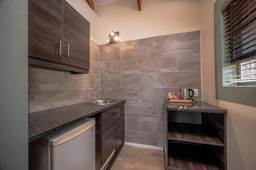 a kitchen with a sink and a tile wall at Hannah Game Lodge in Ohrigstad