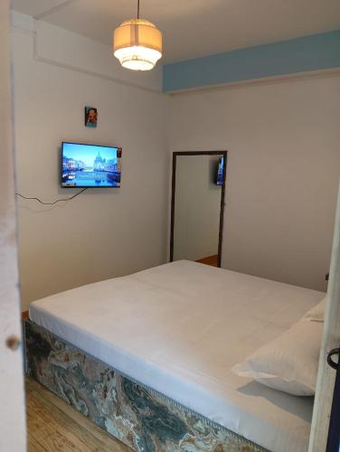 a bedroom with a bed and a tv on the wall at Cosmic Buddha Bnb in Gangtok
