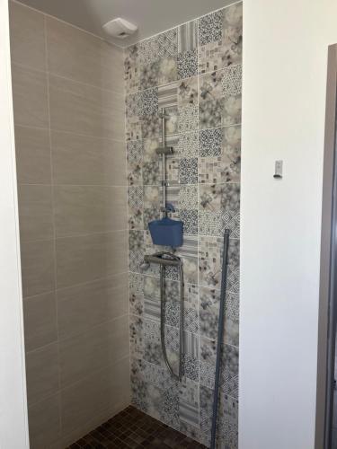 a shower in a bathroom with a tile wall at Chez Olivier et Damien in La Roche-sur-Yon