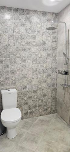 a bathroom with a toilet and a shower at By The Pool Apartments #8 in Velingrad