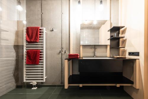a bathroom with a sink and a shower with red towels at Füchslhof in Marlengo