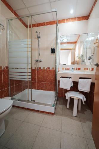 a bathroom with a shower and a toilet at Hotel La Familia in El Campello