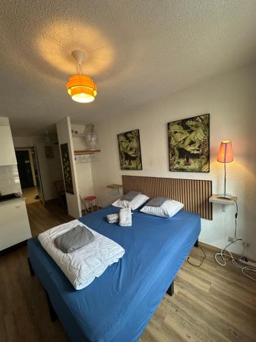 a bedroom with a blue bed in a room at Studio N216 Quiet and functional in Paray-le-Monial