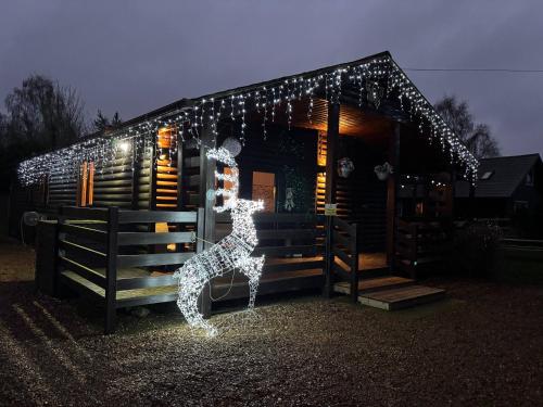 a christmas light sculpture of a dog in front of a house at Cheerful 3-bedroom cabin with hot tub in King's Lynn