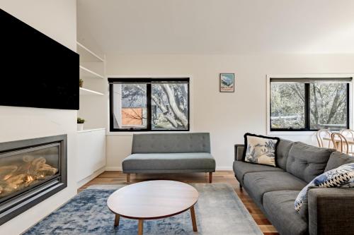 a living room with a couch and a fireplace at House of Ullr in Thredbo