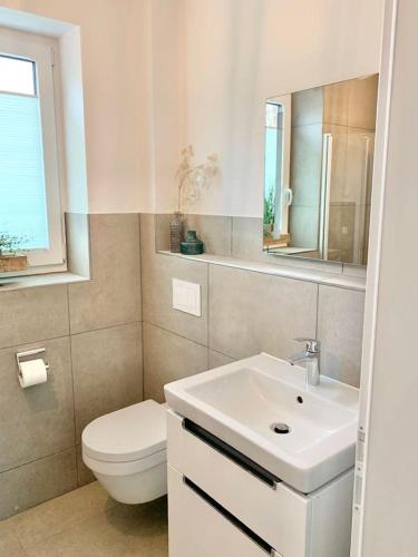 a bathroom with a white sink and a toilet at Idyllisches Ferienhaus mit Spielzimmer und Garten in Sehestedt
