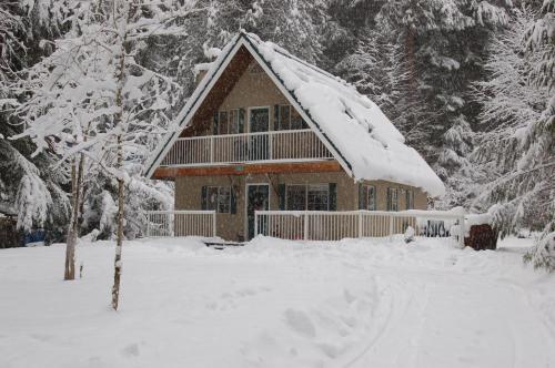 una casa cubierta de nieve con árboles delante en Mt Baker Snowline Chalet, en Glacier