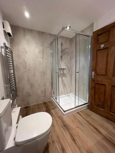 a bathroom with a toilet and a glass shower at Dwarwick House in Thurso