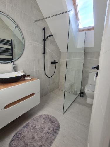 a bathroom with a shower and a sink and a toilet at Solaris Zenith View in Buşteni