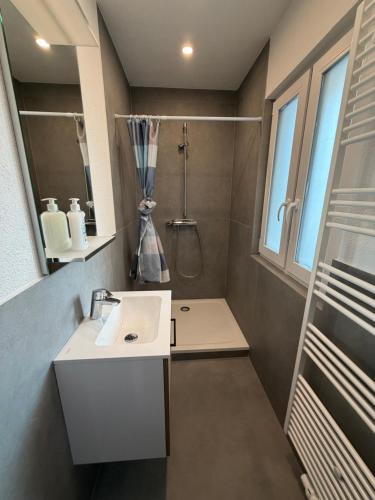 a bathroom with a white sink and a shower at Ferienhaus Fünf Täler in Geislingen an der Steige