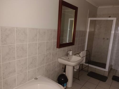 a bathroom with a sink and a mirror and a toilet at Eagles Lodge One in Vosburg