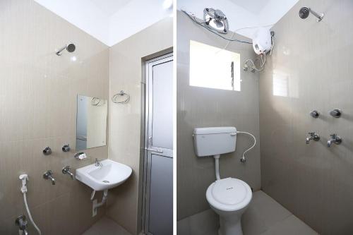 two pictures of a bathroom with a toilet and a sink at Hotel Sintle Palace in Bhubaneshwar
