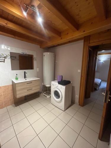 a kitchen with a washing machine and a sink at Gîtes de Charme en Isère in Sonnay