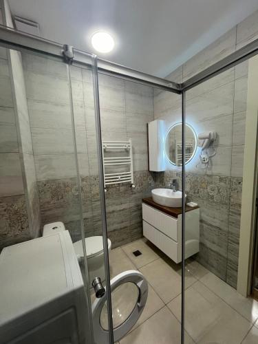 a bathroom with a toilet and a sink at Cozy apartment for a comfortable vacation in Itʼkhvisi