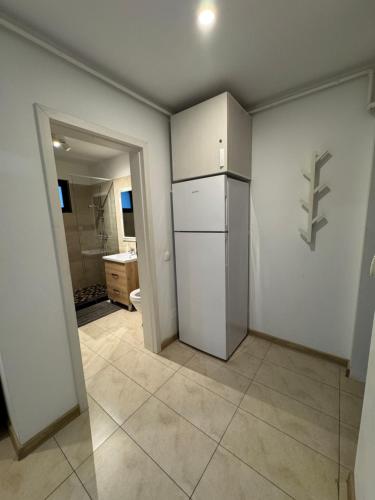 a kitchen with a refrigerator and a toilet in it at Apartment Pitesti in Piteşti