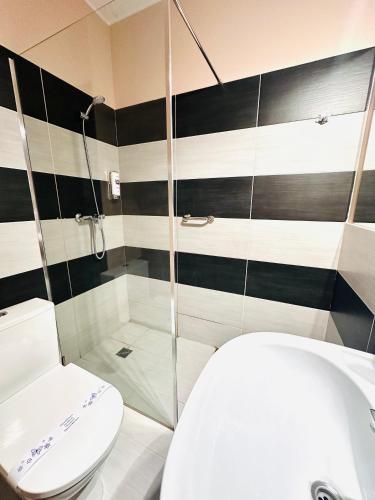 a bathroom with a toilet and a shower at Rezydencja Rosato in Mirkow