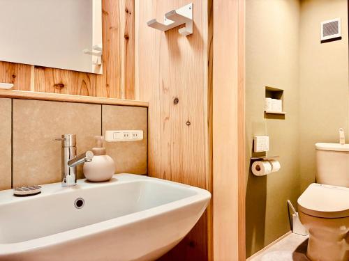 a bathroom with a white sink and a toilet at のどかな風景と綺麗な星空の宿 "キノイロ ミニマル" "Kinoiro Minimal" in Ainan