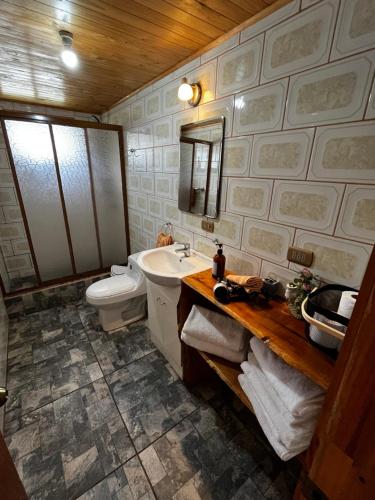 a bathroom with a toilet and a sink and a mirror at Cabañas Los Fabianes in Castro