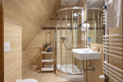 a bathroom with a shower and a sink at Wilcznik 10 in Zakopane