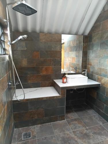 a bathroom with a sink and a shower at CHALET - SCEA 2222 Site Agrotouristique in Sinnamary