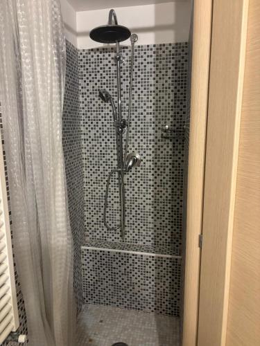 a shower in a bathroom with a black tile wall at Mosahouse in Naples
