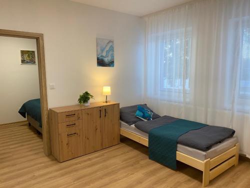 a bedroom with a bed and a dresser and a mirror at Apartmány Dalešice in Dalešice