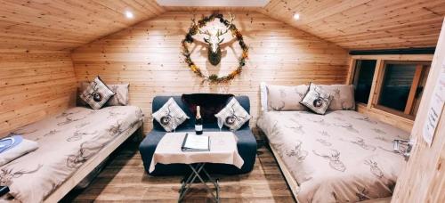 a room with two couches and a table in a cabin at Cosy Cabin - Near Belfast International Airport in Aldergrove