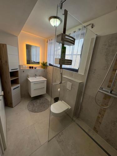 a bathroom with a shower and a toilet and a sink at Schäferstr 43 in Peine