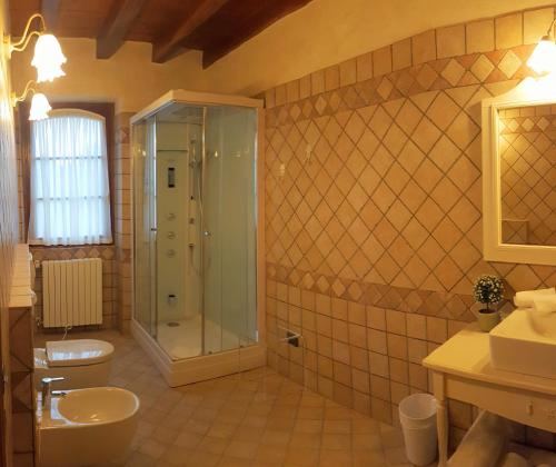 a bathroom with a shower and a toilet and a sink at Relais Mondotella in Pozzolengo