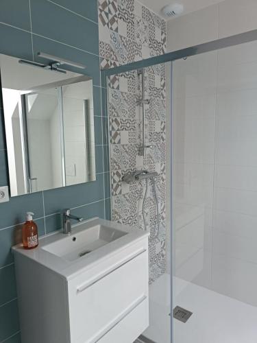 a bathroom with a white sink and a shower at Gite les trois Petiots in Pirou