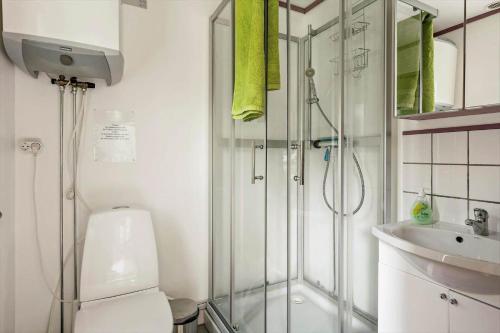 a bathroom with a shower and a toilet and a sink at BOH425-Henan-Tryckhalan-140 in Henån