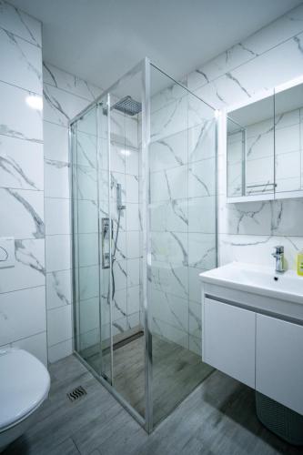 a bathroom with a glass shower and a sink at Renome apartmani in Banja Koviljača