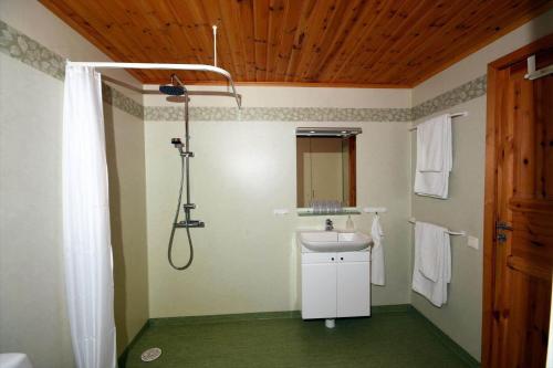 a bathroom with a sink and a shower at JON404-Skillingaryd-Galtas in Skillingaryd