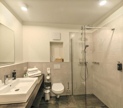 ein Badezimmer mit Dusche, Toilette und Waschbecken in der Unterkunft BeachSide in Eckernförde