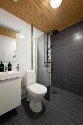 a bathroom with a toilet and a shower and a sink at Tammer Huoneistot - City Suite 2 - City View & Perfect location in Tampere