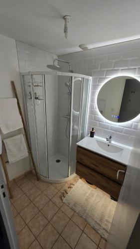 a bathroom with a shower and a sink and a mirror at Appartement, Calme, Cosy et Balcon in Châteauroux