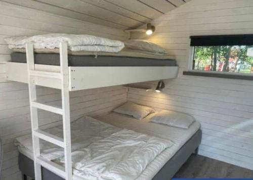 a room with two bunk beds in a cabin at HAL908-Skummesloevsstrand-Rundan-37 in Skummeslövsstrand