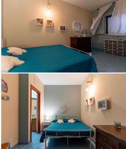 two pictures of a bedroom with a bed and a desk at Mimí sea house in Pollina